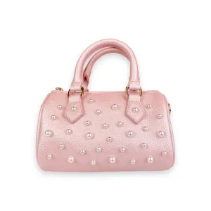 Pearl Studs Pink Leather Barrel Bag