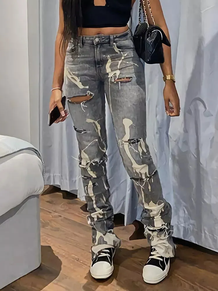 Ripped Jeans Women High Waist Skinny Stacked Pants*