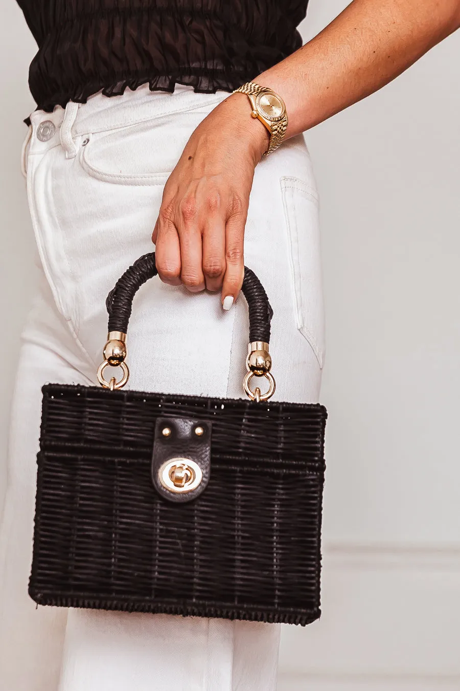 Small Straw Box Bag - Black