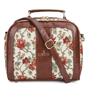 THE CLOWNFISH Elsie Series Tapestry Crossbody Sling Bag for Women Ladies Handbag Single Shoulder Bag with Shoulder Belt (Off White-Floral)