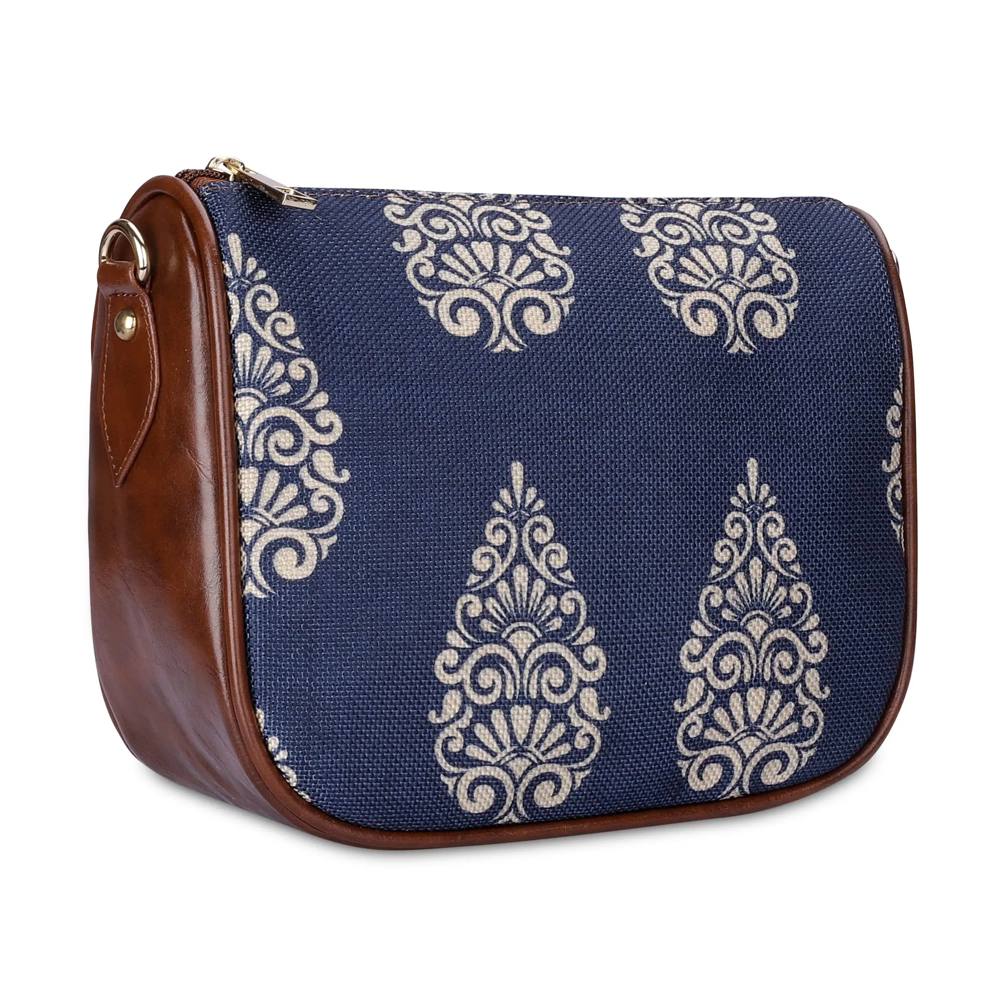 THE CLOWNFISH Garnet Series Printed Handicraft Fabric & Tapestry Crossbody Sling Bag for Women Ladies Single Shoulder Bag Shoulder Belt (Navy Blue-Design)