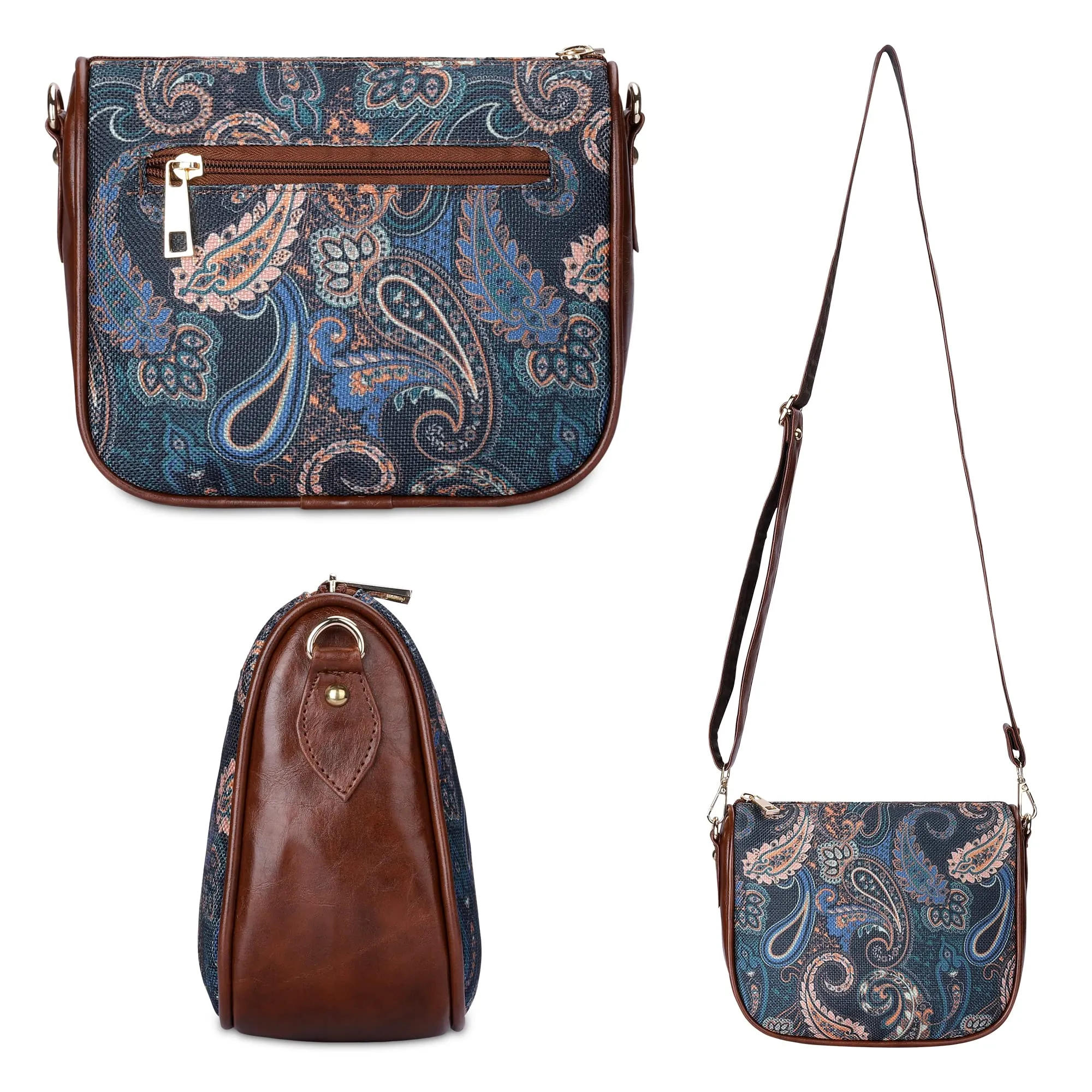 THE CLOWNFISH Garnet Series Printed Handicraft Fabric & Tapestry Crossbody Sling Bag for Women Ladies Single Shoulder Bag Shoulder Belt (Peacock Blue-Floral)