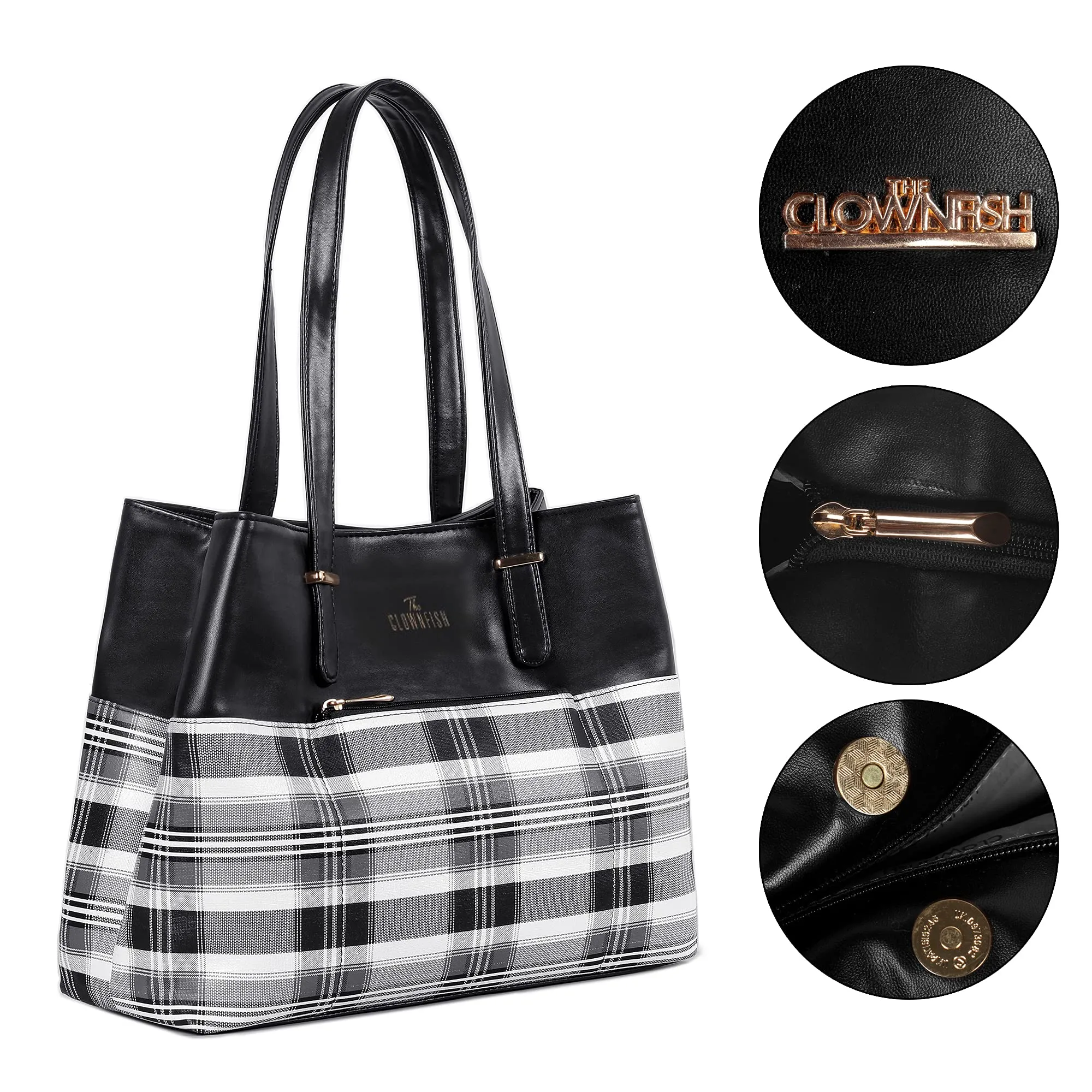 THE CLOWNFISH Gloria Handbag for Women Office Bag Ladies Shoulder Bag Tote For Women College Girls (Checks Design- Black)