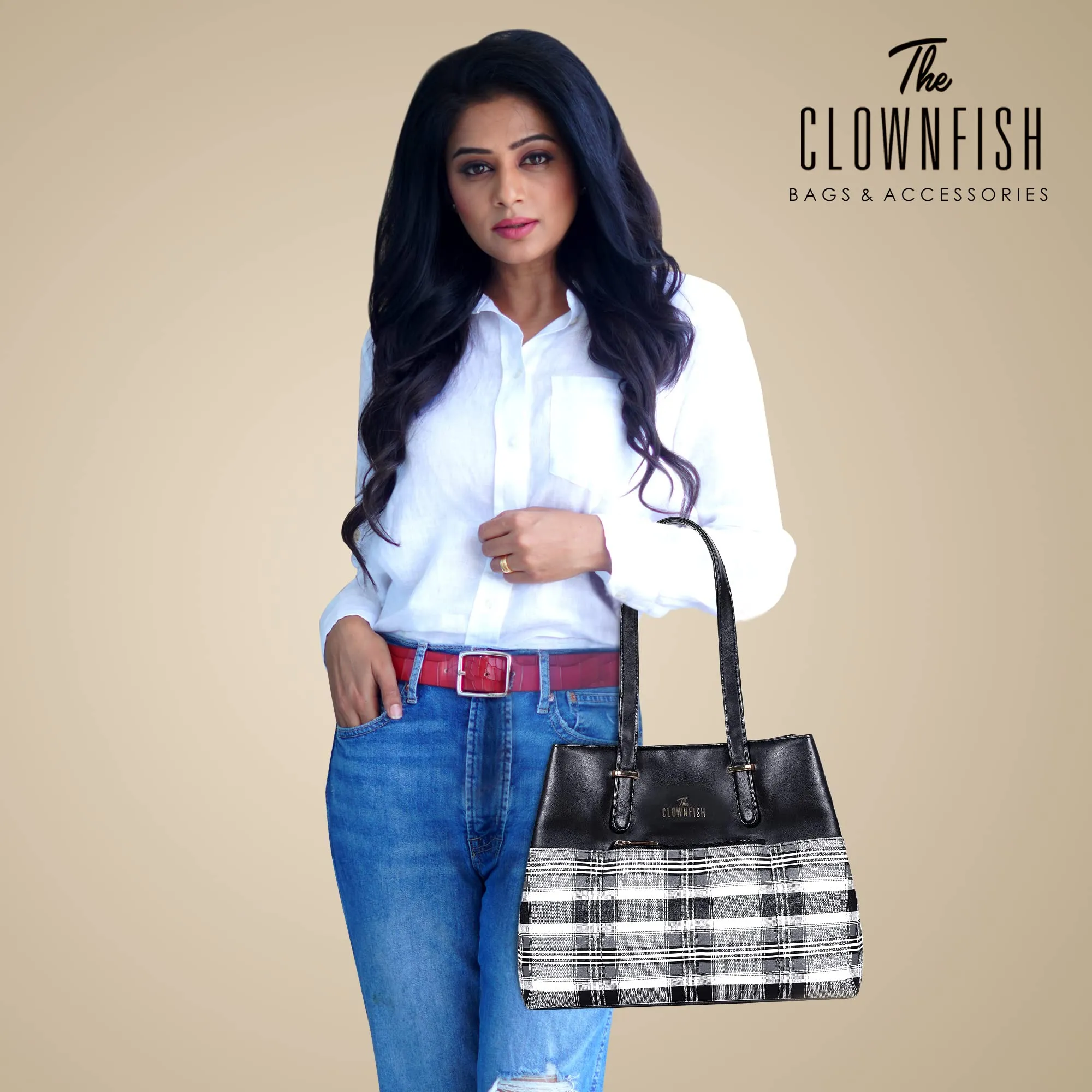 THE CLOWNFISH Gloria Handbag for Women Office Bag Ladies Shoulder Bag Tote For Women College Girls (Checks Design- Black)