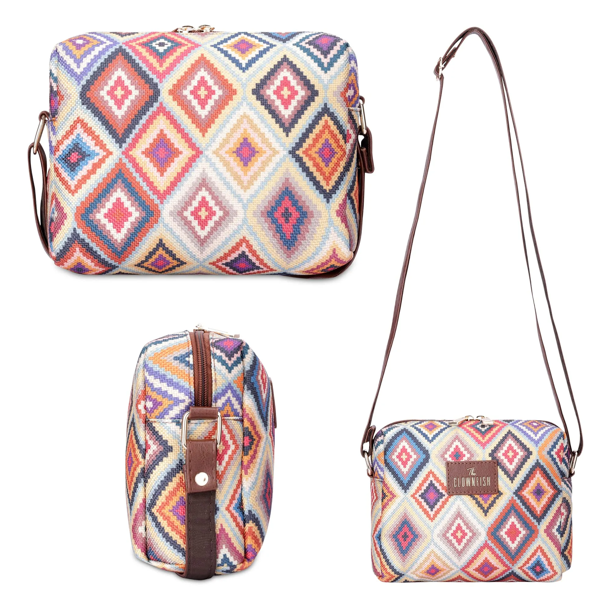 THE CLOWNFISH Isla Printed Handicraft Fabric Crossbody Sling bag for Women Casual Party Bag Purse with Adjustable Shoulder Strap for Ladies College Girls (Multicolour-Diamond Design)