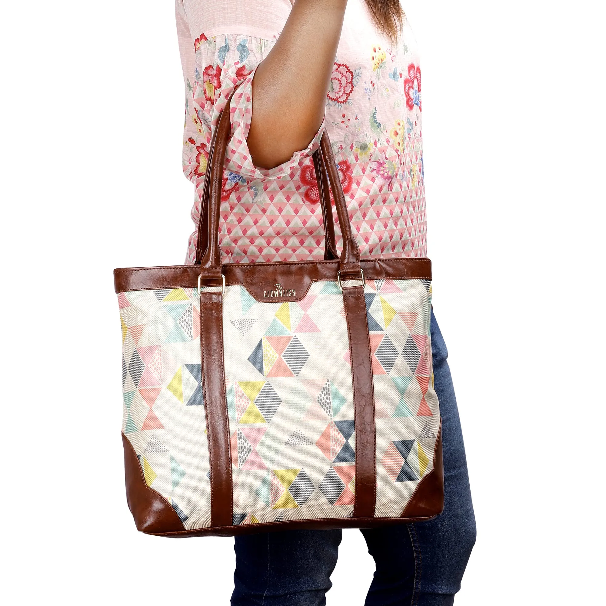 THE CLOWNFISH Miranda Series 15.6 inch Laptop Bag For Women Printed Handicraft Fabric & Faux Leather Office Bag Briefcase Hand Messenger bag Tote Shoulder Bag (Multicolour)