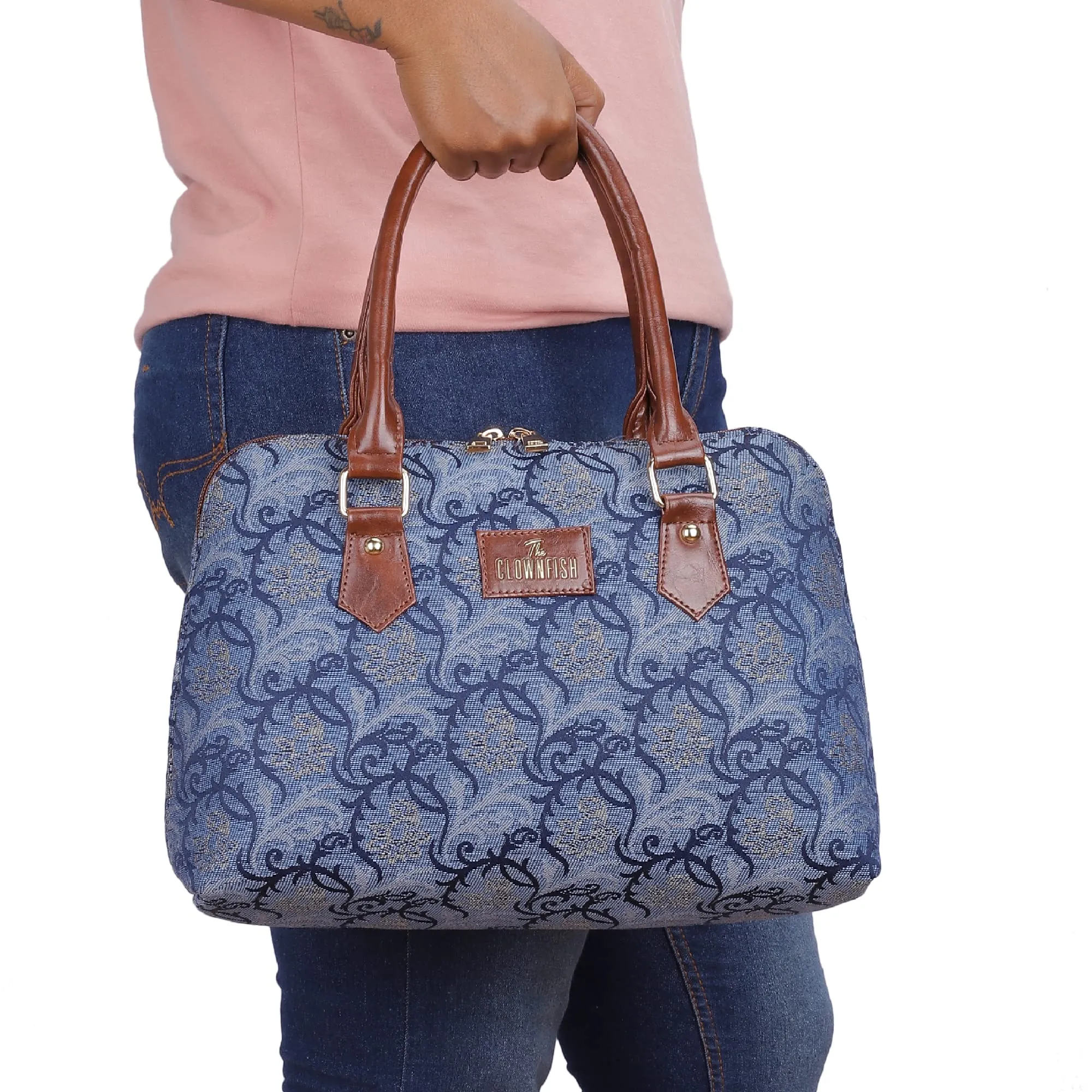 THE CLOWNFISH Montana Series Handbag for Women Office Bag Ladies Purse Shoulder Bag Tote For Women College Girls (Blue-Floral)