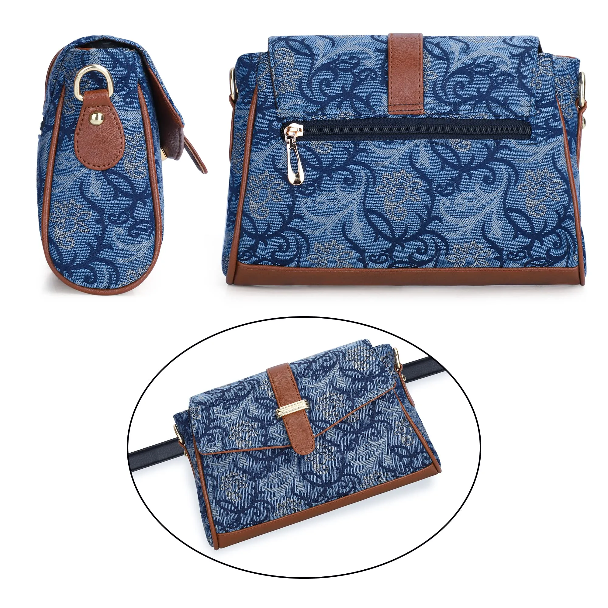 THE CLOWNFISH Odelina Series Printed Handicraft Fabric Sling Bag Handbag for Women Crossbody Bag Office Bag Ladies Single Shoulder Bag with Snap Flap Closure & Shoulder Belt For Women (Peacock Blue)