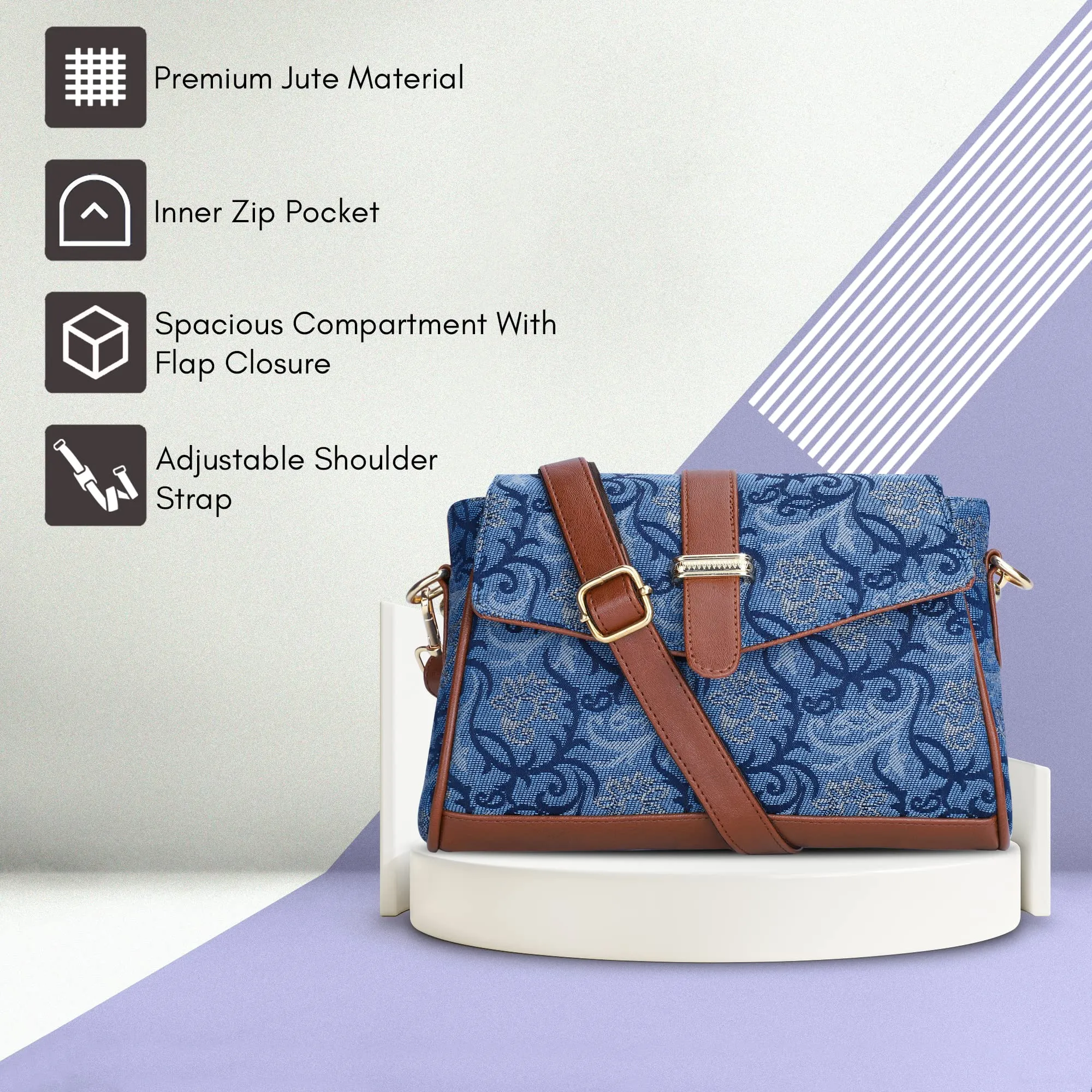 THE CLOWNFISH Odelina Series Printed Handicraft Fabric Sling Bag Handbag for Women Crossbody Bag Office Bag Ladies Single Shoulder Bag with Snap Flap Closure & Shoulder Belt For Women (Peacock Blue)