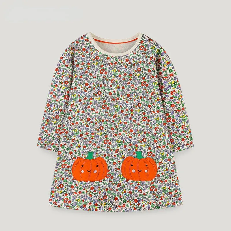 Toddler/Kid Girl Festive Fall Smiley Pumpkins Floral Dress