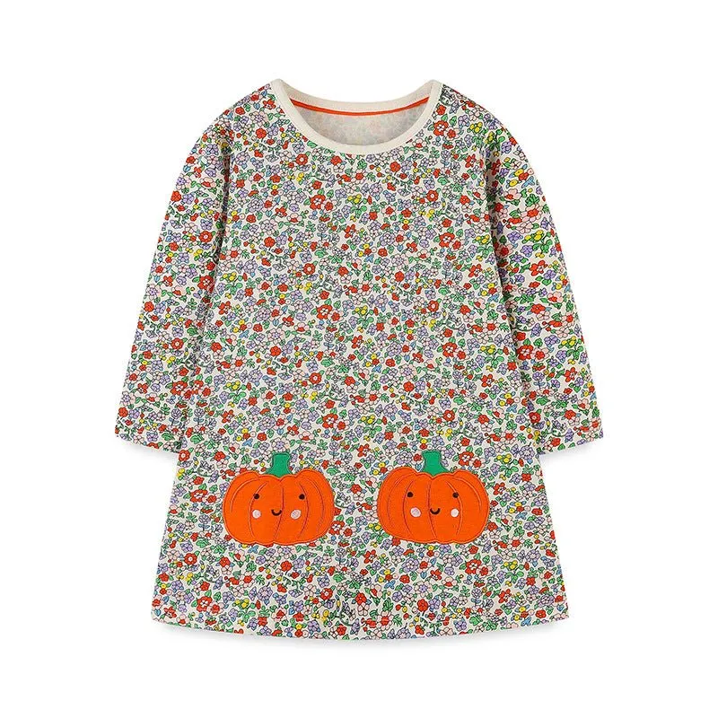 Toddler/Kid Girl Festive Fall Smiley Pumpkins Floral Dress