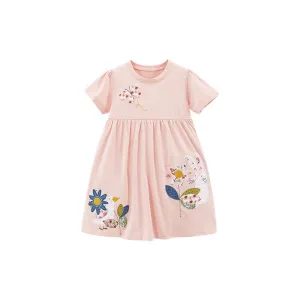 Toddler/Kid Girl's Short Sleeve Animals and Sunflowers Design Pink Cotton Dress