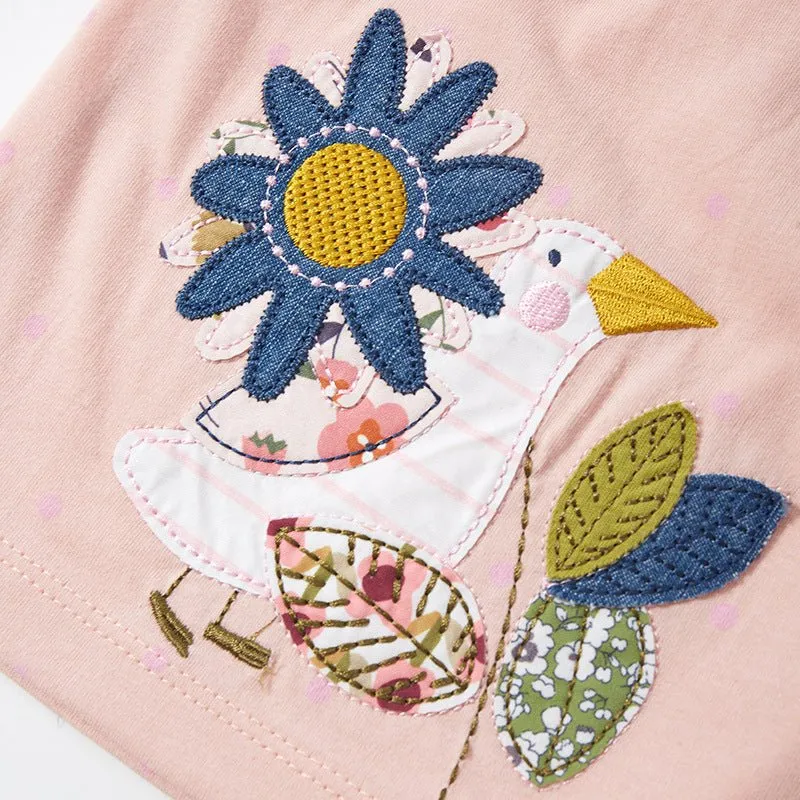 Toddler/Kid Girl's Short Sleeve Animals and Sunflowers Design Pink Cotton Dress