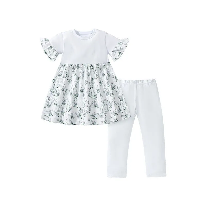 Toddler/Kid Girl's Short Sleeve Floral Print Dress with Leggings Set