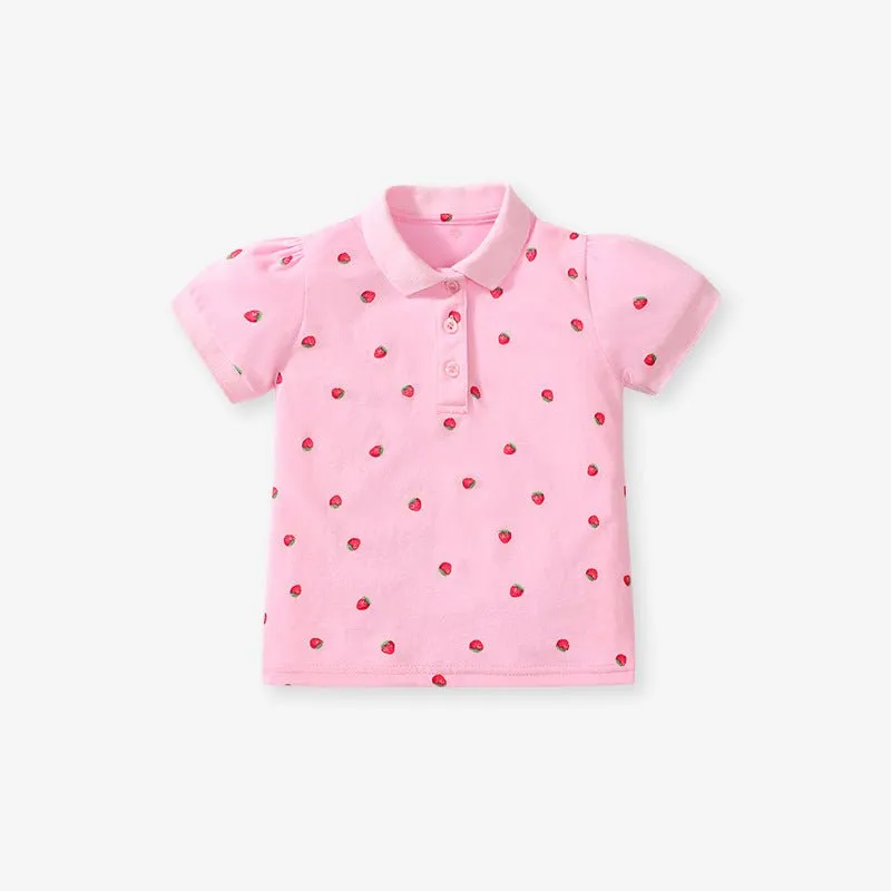 Toddler/Kid Girl's Short Sleeve Little Stars/Strawberries Print Design Polo Shirt (2 Designs)