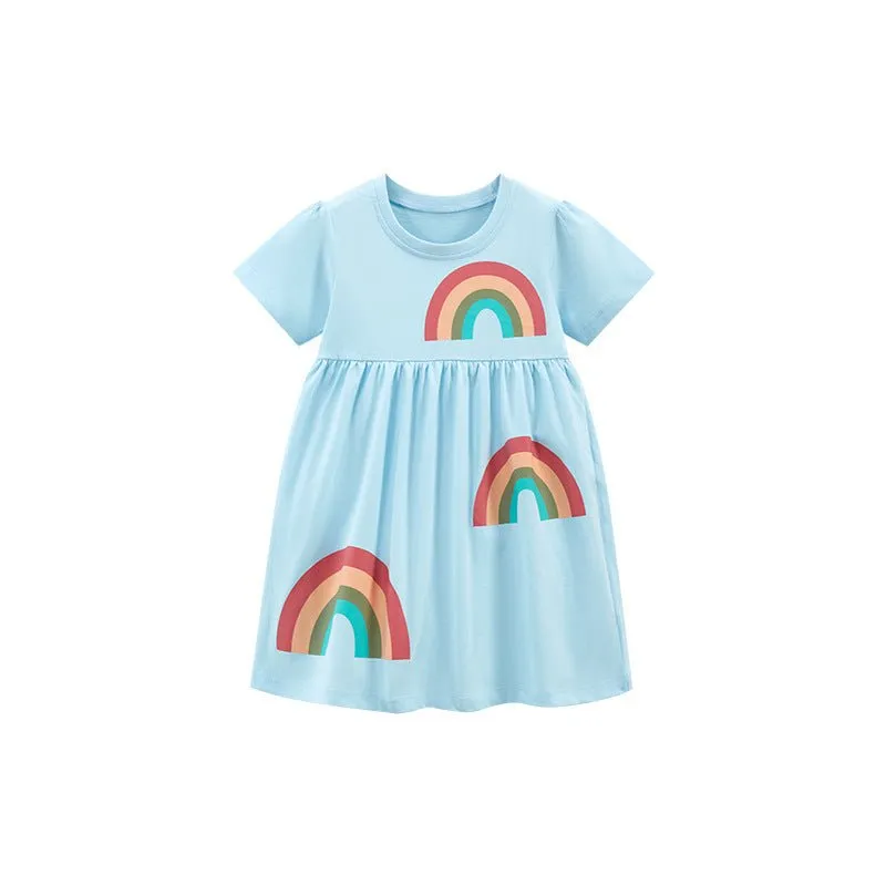 Toddler/Kid Girl's Short Sleeve Rainbow Design Blue Dress