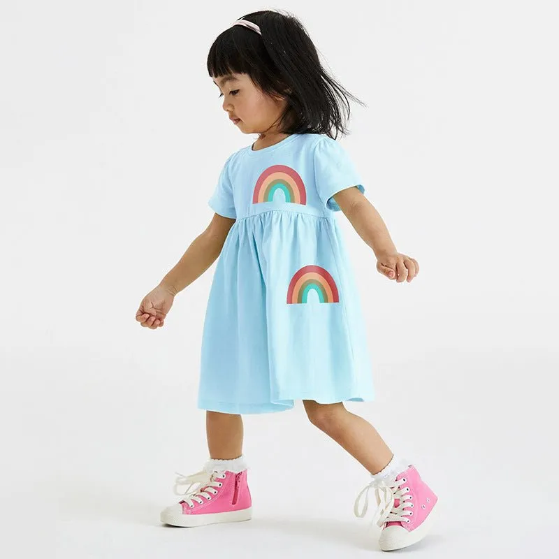 Toddler/Kid Girl's Short Sleeve Rainbow Design Blue Dress