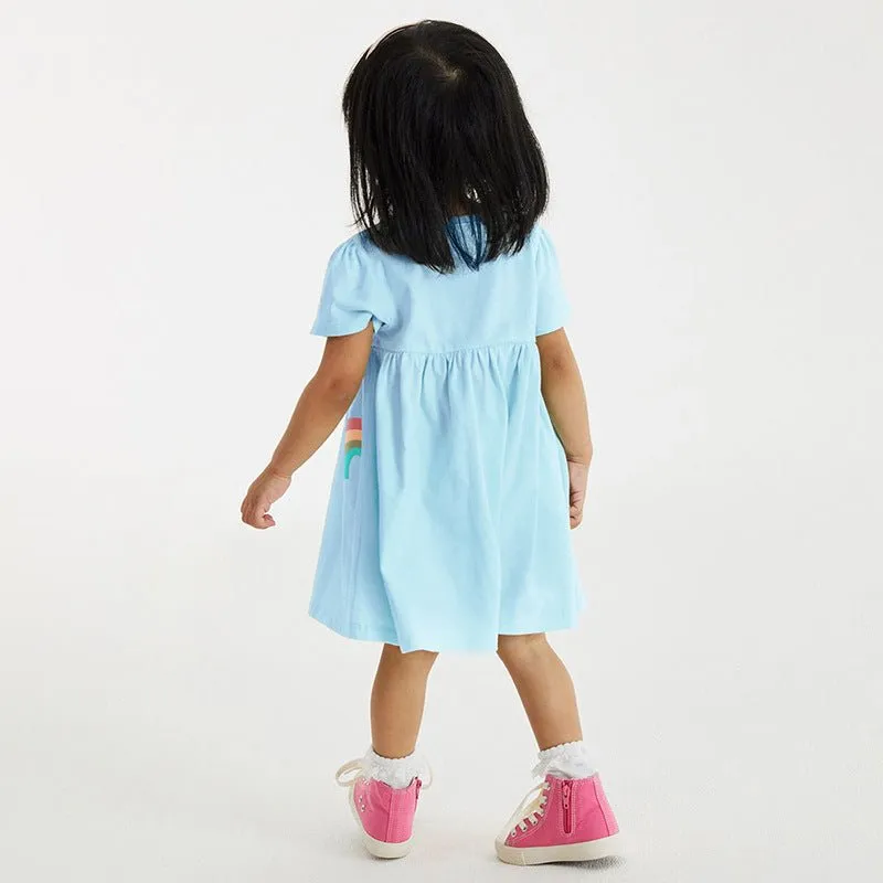 Toddler/Kid Girl's Short Sleeve Rainbow Design Blue Dress