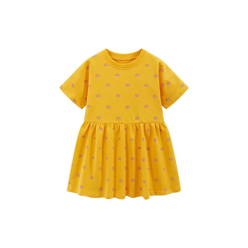 Toddler/Kid Girl's Short Sleeve Rainbow Print Design Yellow Dress