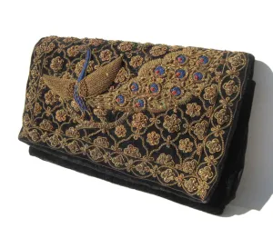 Vintage 60s Zardozi Peacock Purse Embroidered Indian Clutch