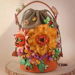 Vintage Three-Dimensional Flower Cluster Style Pure Handmade Cowhide Artistic Ladies Flowers  Handbag Bucket Bag