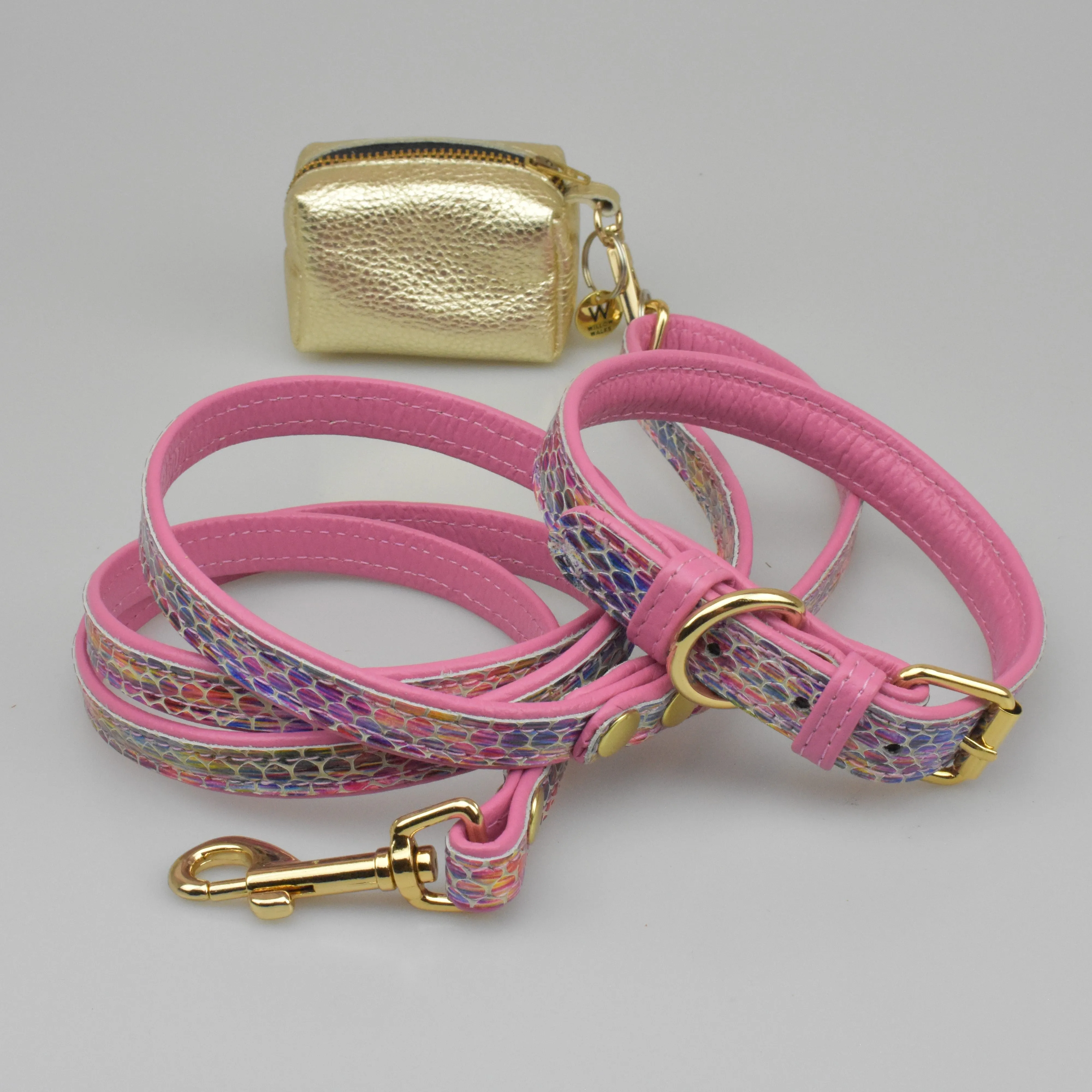 Willow Walks double sided soft leather lead in multi snake and hot pink